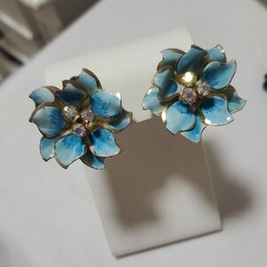 Vintage Blue and Gold Floral Earrings with Clip On Earrings, NWOT